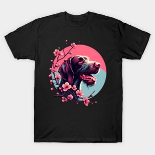 Joyful German Wirehaired Pointer Amidst Spring Cherry Blossoms T-Shirt